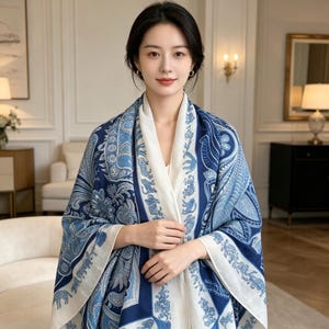May include: A large rectangular scarf featuring a deep blue and white color palette. The fabric displays intricate patterns of stylized floral motifs, paisley shapes, and small animal figures arranged in a decorative border and central design.
