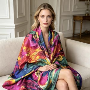 May include: A vibrant, colorful scarf with a bold, abstract design. The scarf features a mix of bright colors, including pink, yellow, blue, and green. The scarf is draped over the shoulders, creating a striking visual effect. The scarf is made of a soft, flowing fabric.