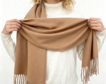 Solid Color Wool Scarf with Tassels, Unisex Winter Shawl Wrap