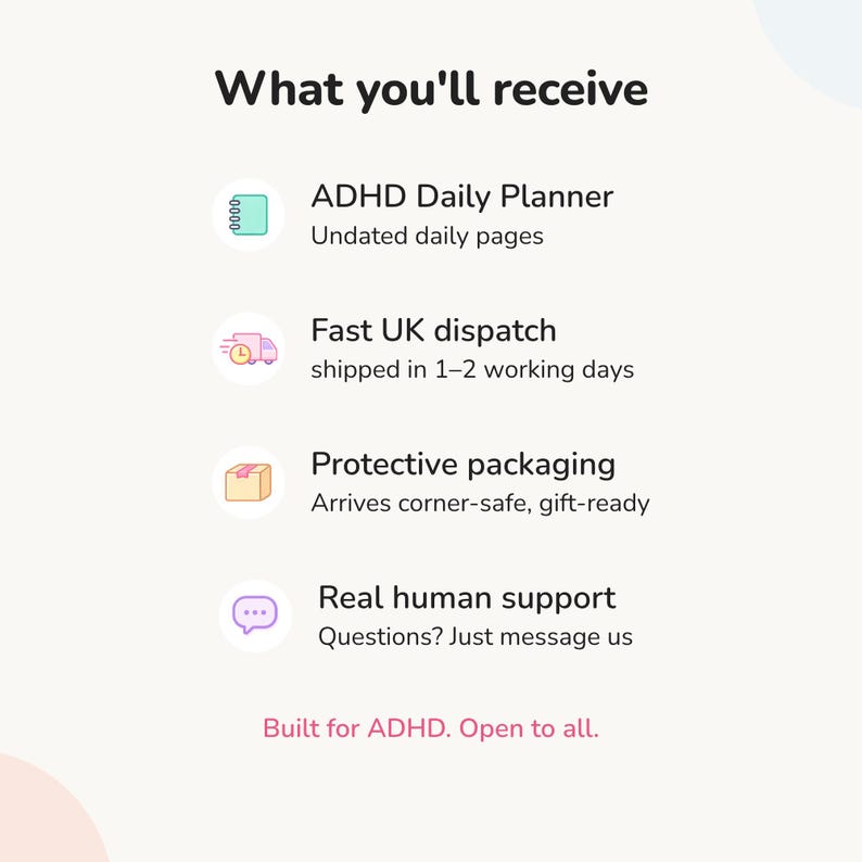What is included with the ADHD daily planner: undated planner, fast UK dispatch, protective gift-ready packaging