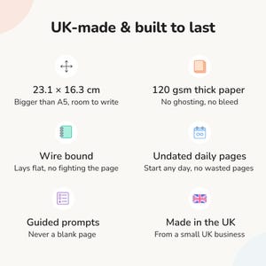 UK made ADHD planner specifications: 120gsm thick paper, wire bound lay-flat binding, undated daily pages