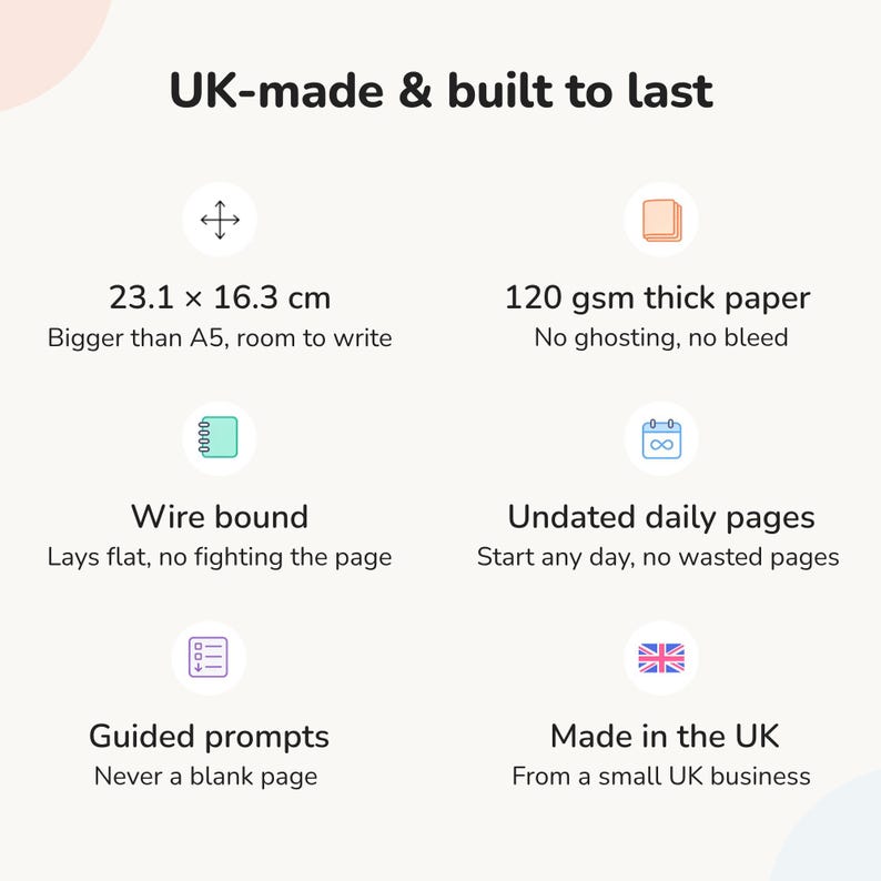 UK made ADHD planner specifications: 120gsm thick paper, wire bound lay-flat binding, undated daily pages