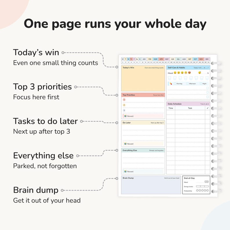 Labelled daily page layout of ADHD planner showing top 3 priorities, do later, everything else and brain dump zones