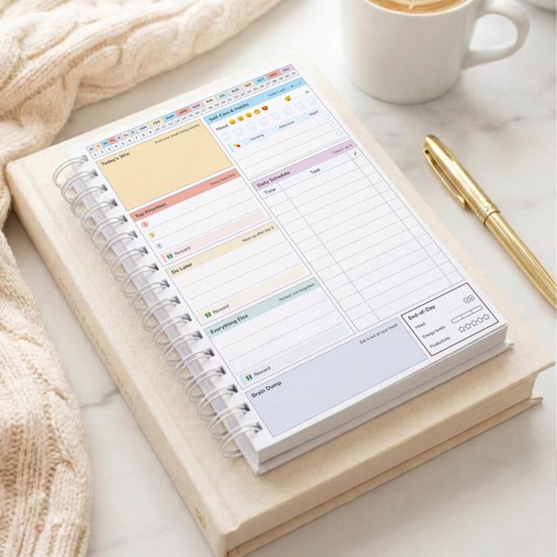 ADHD daily planner UK, one page per day layout with daily routine zones, undated wire bound day planner