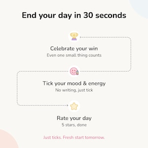 Thirty-second end of day review in the ADHD planner: log one win, tick mood and energy, rate your day