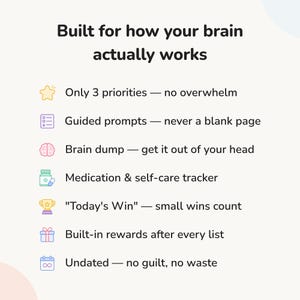 Seven features of the ADHD planner including 3 priorities only, guided prompts, brain dump zone and medication tracker