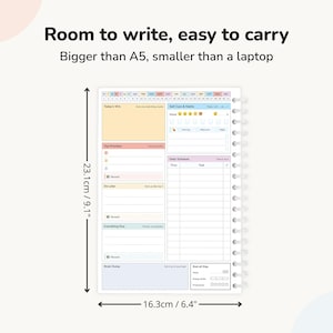 ADHD planner size comparison, 23.1 by 16.3 centimetres, bigger than A5 and smaller than a laptop