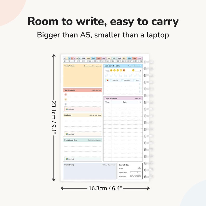 ADHD planner size comparison, 23.1 by 16.3 centimetres, bigger than A5 and smaller than a laptop
