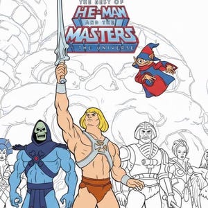 Puede incluir: Portada de libro para colorear con personajes de "He-Man and the Masters of the Universe". He-Man levanta una espada. Skeletor y otros personajes también están representados. El texto del título es azul y rojo.