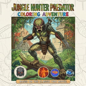 Può includere: Copertina di un libro da colorare "Jungle Hunter Predator Coloring Adventure" con un'illustrazione dettagliata del personaggio Predator. L'immagine include il testo "Based on the Classic 1987 Movie". Lo sfondo ha un tema giungla.