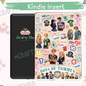 May include: A black Kindle insert with a decorative cover featuring illustrations of young adults, sports jerseys, and text. The cover includes the text "Kindle Insert," "Crafty Kia," and "Boys of Tommen."