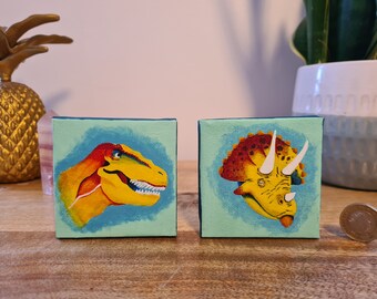 Prehistoric pals - dinosaurs, T-rex, Triceratops - unique miniature hand-painted canvas pair