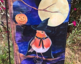 Witch Bird Vintage Halloween Garden Flag Witchy Robin Full Moon Phase