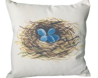 Cotton Canvas Robin's Nest 18" x 18" digitally printed pillowcase pillow case Made in USA bird lover gift new home goods throw pillow cover
