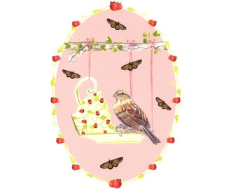 Archival Print Teacup Bird Feeder print - Prismacolor Pencil original 11in.x14in.