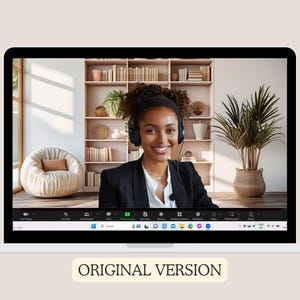 May include: A woman wearing a black blazer and a headset is on a video call. She is sitting in front of a bookshelf with a potted plant to the right. The background is a light beige color.