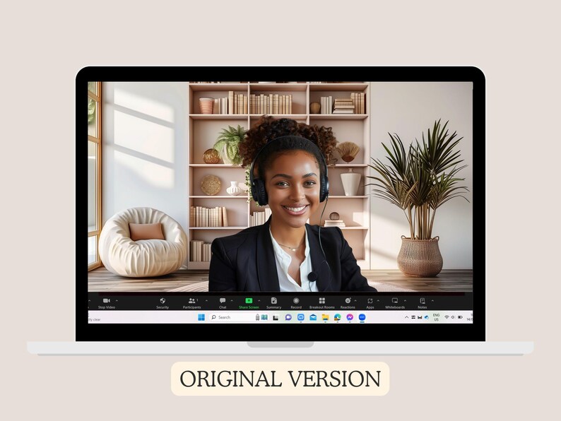 May include: A woman wearing a black blazer and a headset is on a video call. She is sitting in front of a bookshelf with a potted plant to the right. The background is a light beige color.