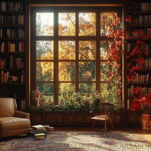 May include: A cozy reading nook with a large window overlooking a fall foliage scene. The room features two bookshelves filled with books, a brown leather armchair, and a wooden chair.