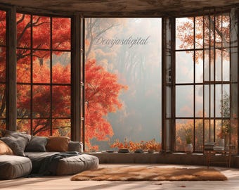 Fall Forest Window Virtual Background - Cozy Living Room (Digital Download)