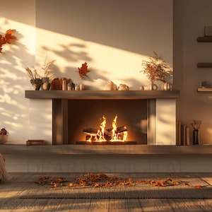 May include: A cozy living room scene with a fireplace, decorated for autumn. The fireplace has a warm fire burning inside. There are decorative leaves on the wall and floor, and shelves with books and decor. A rug and ottoman complete the scene.