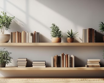 May include: Two wooden shelves with books, potted plants, and a variety of decorative items. The shelves are against a white wall with a window above them.
