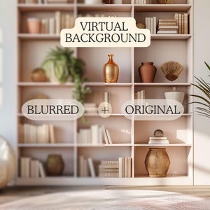 Zoom background featuring a pink minimalist bookshelf with plants and a cozy chair, creating a stylish and inviting atmosphere.