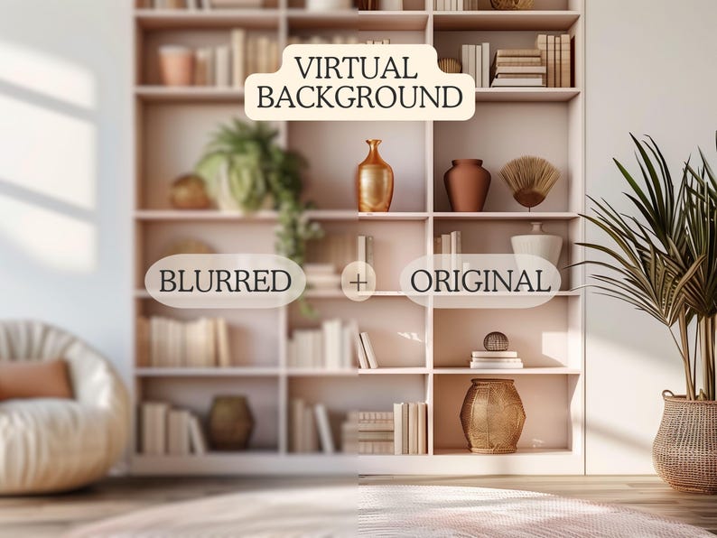 Zoom background featuring a pink minimalist bookshelf with plants and a cozy chair, creating a stylish and inviting atmosphere.