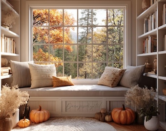 Fall Trees Window Virtual Background | Cozy Autumn Zoom Backdrop (PNG)