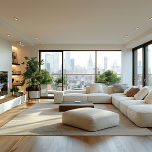 Puede incluir: Un salón moderno con un gran sofá modular, una mesa de centro y una gran ventana con vistas al horizonte de una ciudad. La habitación está decorada con plantas y tiene una sensación de luz y aire.