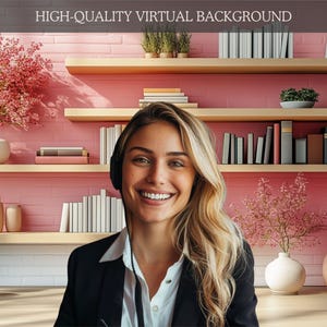 Zoom Background | Pink Cozy Home Office | Virtual Meeting Backdrop | shelving background | Realistic Home | Bookcase Virtual Office | teams