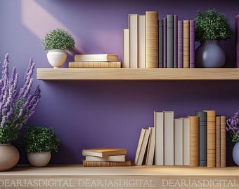 May include: Two wooden shelves with books, plants, and vases. The top shelf has a row of books in various colors and sizes, with a small potted plant and a blue vase. The bottom shelf has a stack of books, a row of books, and a potted plant. The shelves are against a purple wall.