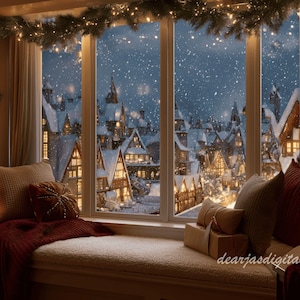Può includere: Una comoda seduta vicino alla finestra con cuscini e una coperta offre una vista su un villaggio innevato. La finestra è adornata da una ghirlanda di luci e verde. La scena crea un'atmosfera calda e accogliente, ideale per l'arredamento invernale.
