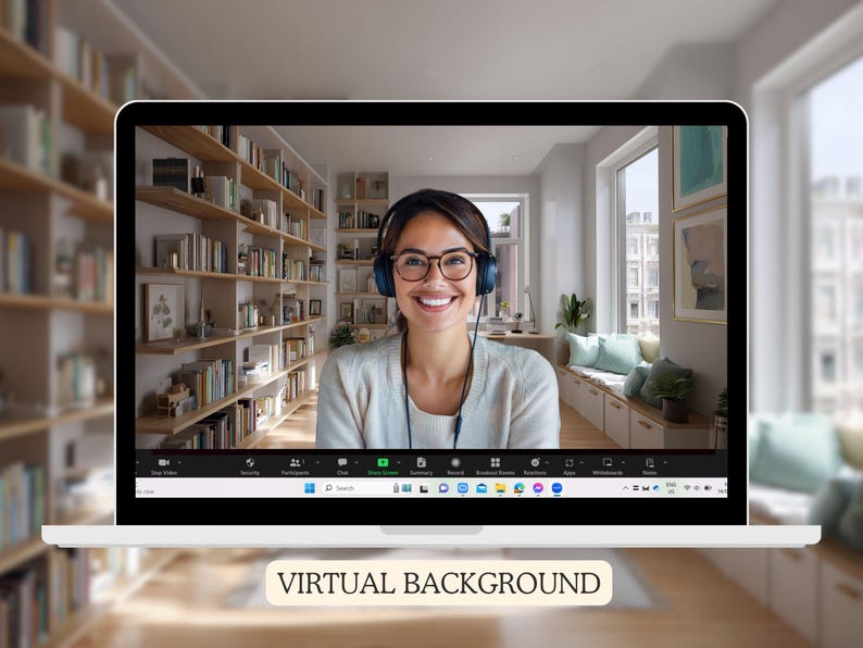 Remote Backdrop Virtual Home Office Zoom Background With Bookshelves – Cozy Meeting ...