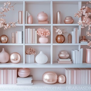 Pink Bookshelves Virtual Background | Zoom, Teams & Google Meet Backdrop | Cozy Digital Office Decor Elegant Bookcase Realistic Home Office