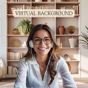 Zoom background featuring a pink minimalist bookshelf with plants and a cozy chair, creating a stylish and inviting atmosphere.