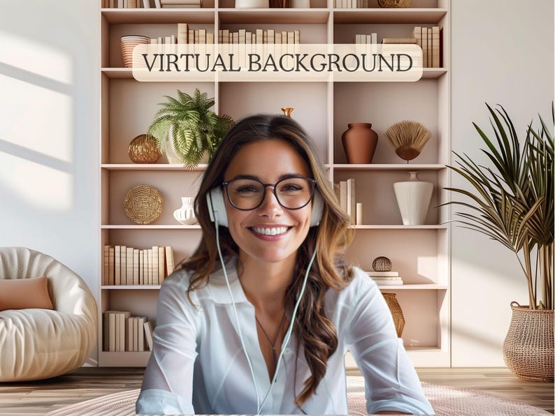 Zoom background featuring a pink minimalist bookshelf with plants and a cozy chair, creating a stylish and inviting atmosphere.