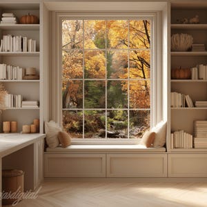 May include: A cozy reading nook with built-in bookshelves and a large window overlooking a vibrant autumn landscape. The room features a desk, decorative pumpkins, and a window seat with pillows, creating a warm and inviting atmosphere.