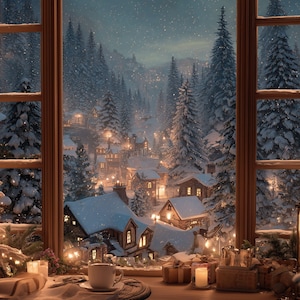 Puede incluir: Una acogedora escena invernal vista a través de una ventana. Casas cubiertas de nieve y árboles de hoja perenne iluminados por luces suaves. Una taza de café, velas y regalos sobre una mesa crean un ambiente cálido y acogedor.