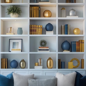 May include: A white bookshelf with multiple shelves filled with books, decorative objects, and vases. The shelves are filled with a variety of items, including books, vases, and decorative objects. The bookshelf is against a white wall.