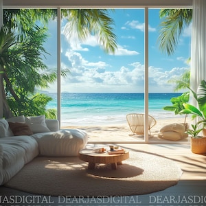 Virtual Background Beach View Living Room | Scenic Coastal Digital Backdrop for Zoom, Teams, Webex, Video Calls, Meetings, & Online Classes