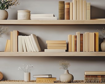 May include: A wooden bookshelf with two shelves, filled with various books in different sizes and colors. The shelves are decorated with small vases and plants.