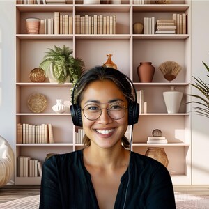 Zoom background featuring a pink minimalist bookshelf with plants and a cozy chair, creating a stylish and inviting atmosphere.