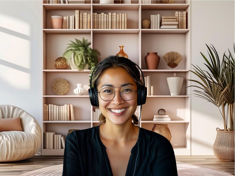 Zoom background featuring a pink minimalist bookshelf with plants and a cozy chair, creating a stylish and inviting atmosphere.