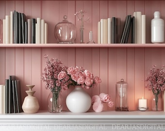 May include: A pink bookshelf with two shelves, decorated with books, vases, and flowers. The top shelf has a glass cloche, a white vase with a single stem of flowers, and a white ceramic bottle. The bottom shelf has a vase with pink flowers, a vase with pink and white flowers, a wooden vase, and a glass jar with a lid.