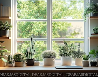 Fondo de pantalla acogedor para estantería con zoom / Plantas de ventana (descarga digital)