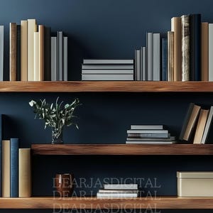 May include: A dark blue bookshelf with two shelves. The top shelf has a framed picture, a stack of books, and a few decorative items. The bottom shelf has a stack of books, a vase with green leaves, and a small box.