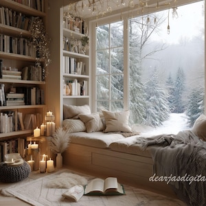 May include: A comfortable reading area with bookshelves packed with books. A window seat with cushions and a blanket looks out onto a snowy woodland scene. Lit candles and an open book enhance the inviting feel. The image is from dearjasdigital.