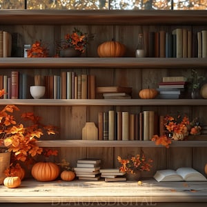 Autumn Bookshelf Virtual Background | Cozy Fall Zoom Backdrop (PNG)