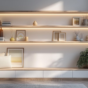 Könnte beinhalten: Eine weiße Wand mit zwei Holzregalen, jedes mit einem Lichtstreifen darunter. Die Regale sind mit Büchern, Vasen und gerahmten Kunstwerken dekoriert. Unter den Regalen befindet sich eine weiße Bank mit zwei Schubladen. Eine grüne Pflanze steht auf dem Boden vor der Bank.