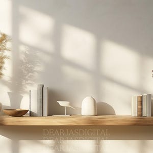 Peut inclure: Une étagère en bois avec divers objets décoratifs, dont un vase avec de l'herbe de la pampa séchée, un vase en céramique, une sculpture d'oiseau et une pile de livres. L'étagère est contre un mur blanc avec une lumière naturelle qui pénètre.